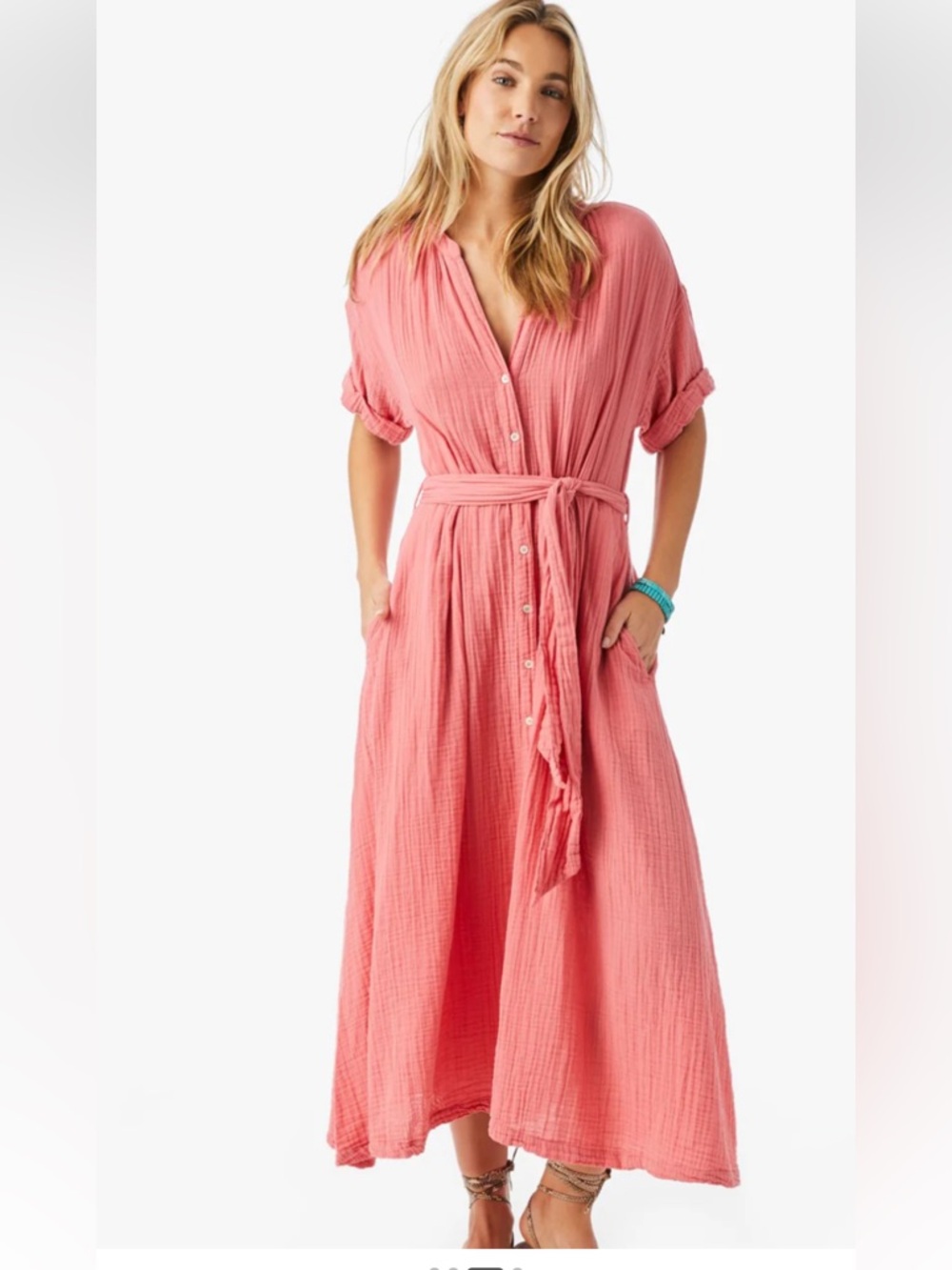 XiRENA Cate Dress Coral Pink Button-Front Maxi Dress